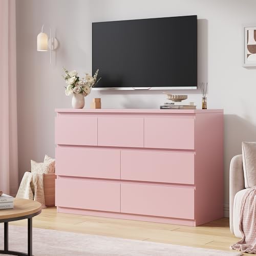 Modern 7 Drawer Dresser for Bedroom,Pink Wood Chest of Drawers,Closet Clothes Storage Organizer with Deep Drawers for Living Room Hallway Entryway,Nursery (15.3" D x 47.2" W x 32.3" H)