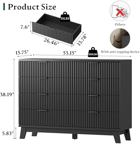 Xixini Fluted Dresser with 8 Drawers, 54" Wide Modern Chest of Drawers with Metal Handle, Wooden Dresser TV Stand, Wood Closet Clothes Storage Organizer for Bedroom, Living Room, Hallway, Solid Black