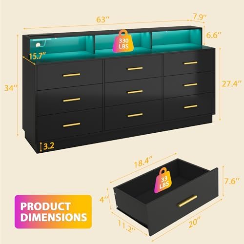 knoworld Black 9 Drawer Dressers for Bedroom, Modern Large Dresser with LED Light and Power Outlet, Wooden Long Dressers, Triple Dresser for Bedroom, Entryway, Hallway