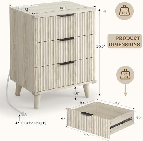 Lulive 3 Drawers Dresser with Socket, Modern Wooden NightStands