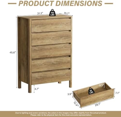 Furniway 45" Tall 5 Drawer Wood Dresser for Bedroom with Legs, Natural Oak