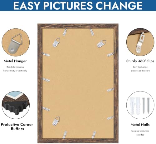 Hongkee 11x17 Picture Frame Set of 4, 11 x 17 Rustic Brown Wood(Mat 8x12)