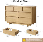 7 Drawer Oak Dresser for Bedroom, 51.5" Wide Mid Century Modern Dresser