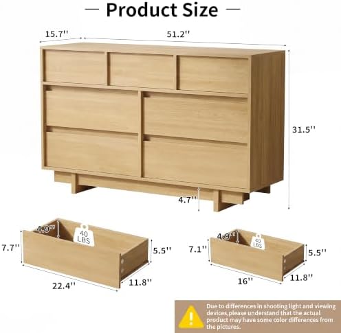7 Drawer Oak Dresser for Bedroom, 51.5" Wide Mid Century Modern Dresser