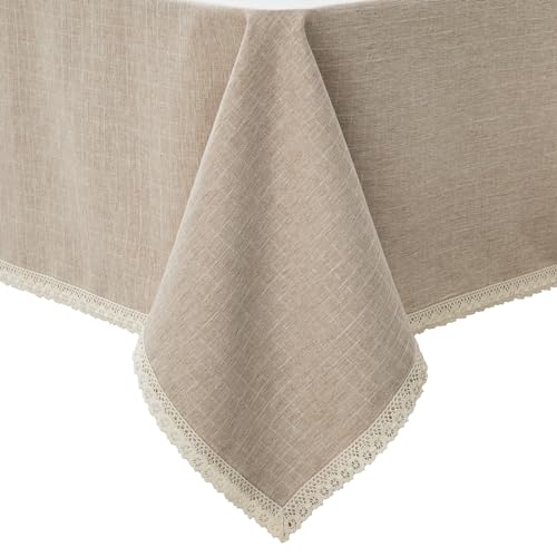 GLORY SEASON Textured Tablecloth Linen-Look Rustic Burlap Style Washable Solid Heavy Weight Lace Trim Rectangle Fabric Table Cloth,Table Cover for Kitchen Dinning Tabletop Decoration55x70 in Beige - size: 70" x 55" (Rectangular)