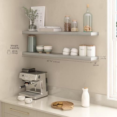 Ballucci Floating Shelves for Wall, 48" Wood Wall Shelf Set of 2, with Invisible Brackets for Bathroom, Living Room, Bedroom, Kitchen, Nursery, 8" Deep, Rustic Gray