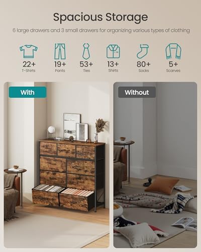 SONGMICS Dresser for Bedroom, Wide Dresser with 9 Fabric Drawers