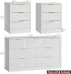 7 Drawer Dresser & 3-Drawer Nightstand Set 3-Piece, White丨Bedroom Dressers and Night Stand Set of 2, Fluted Modern Wood Chest of Drawers Storage Dressers Set for Bedroom