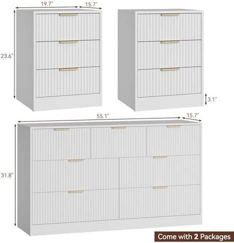 7 Drawer Dresser & 3-Drawer Nightstand Set 3-Piece, White丨Bedroom Dressers and Night Stand Set of 2, Fluted Modern Wood Chest of Drawers Storage Dressers Set for Bedroom