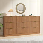Natural Wood Dresser with 9 Drawer 63" Wide Fluted Dresser for Bedroom丨Long Dresser Modern Chest of Drawers with Gold Handle, Wood TV Stand Storage Organizer for Bedroom, Living Room, Natural Wood