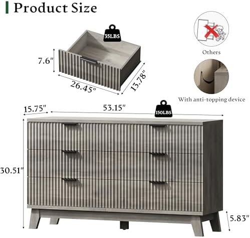 Xixini Fluted Dresser with 6 Drawers, 54" Wide Modern Chest of Drawers with Metal Handle, Wooden Dresser TV Stand, Wood Closet Clothes Storage Organizer for Bedroom, Living Room, Hallway, Light Grey