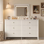 RoyalCraft 6 Drawer Dresser with Lighted Mirror, White Fluted Modern Wood Chest of Drawers, Long Dresser for Bedroom Storage