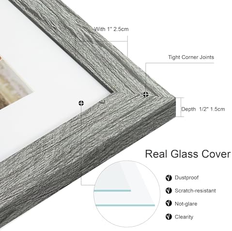 Hongkee 10x14 Picture Frame Set of 4, Made of Glass and Grey Wooden Frame, Display 8x12 Pictures with Mat or 30 x 40cm Diamond Painting Art without Mat for Wall Mounting, Gallery Photo Frames