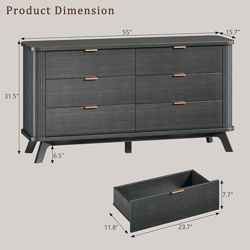 HUAHUU Fluted 6 Drawers Dresser for Bedroom, 55" Mid Century Modern & Chests of Drawers, Curved Profile Design, TV Stand, Wood Storage Dresser for Entryway, Hallway, Black