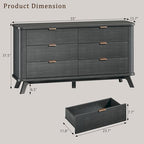 HUAHUU Fluted 6 Drawers Dresser for Bedroom, 55" Mid Century Modern & Chests of Drawers, Curved Profile Design, TV Stand, Wood Storage Dresser for Entryway, Hallway, Black