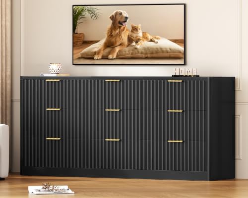 TEENFON Fluted Dresser for Bedroom with 9 Drawers, 63" Wide Modern Chest of Drawers with Metal Handle & Curved Profile Design, Wood Closet Clothes Storage Organizer for Living Room, Hallway, Black
