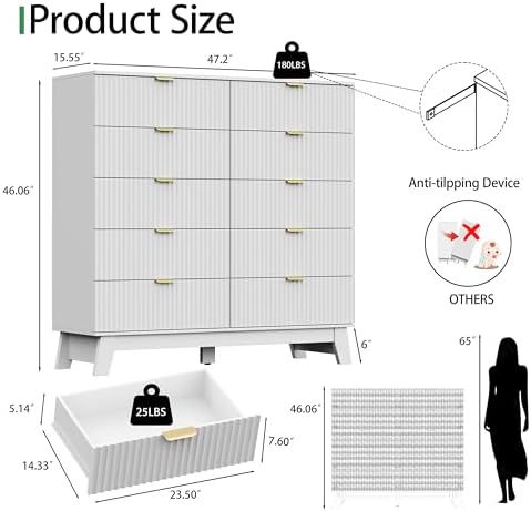 Xixini Fluted Dresser for Bedroom with 10 Drawers, 48" Wide Modern Chest of Drawers with Metal Handle, Wooden Dresser TV Stand, Wood Closet Clothes Storage Organizer for Living Room, Hallway, White
