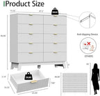 Xixini Fluted Dresser for Bedroom with 10 Drawers, 48" Wide Modern Chest of Drawers with Metal Handle, Wooden Dresser TV Stand, Wood Closet Clothes Storage Organizer for Living Room, Hallway, White