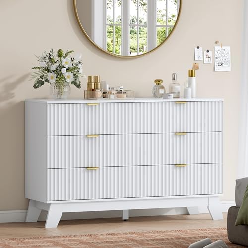 Wodeer 6 Drawer Fluted Dresser for Bedroom, Mid Century Modern Dresser with 6 Drawers, Dressers & Chests of Drawers with Metal Handle, TV Stand & Storage Organizer for Entryway, Hallway, White