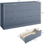 6 Drawer Fluted Dresser for the Bedroom, 55" Wide Wooden Dresser with Deep Drawers, Large Floor Chest of Drawers, Modern Long TV Stand, Storage Cabinet for Livingroom, Hallway, Blue