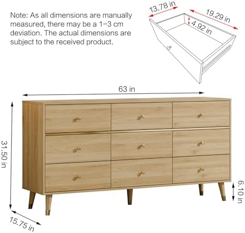 Chrangmay 9 Drawer Dresser,63" Wide Mid Century Modern Chest of Drawers,Wooden Bedroom Drawer Dresser with 9 Storage Drawers for Bedroom, Living Room,with Anti-Tipping Device,Natural