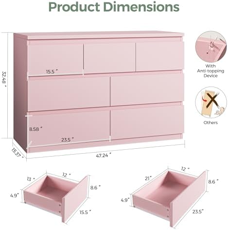 Modern 7 Drawer Dresser for Bedroom,Pink Wood Chest of Drawers,Closet Clothes Storage Organizer with Deep Drawers for Living Room Hallway Entryway,Nursery (15.3" D x 47.2" W x 32.3" H)