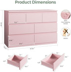 Modern 7 Drawer Dresser for Bedroom,Pink Wood Chest of Drawers,Closet Clothes Storage Organizer with Deep Drawers for Living Room Hallway Entryway,Nursery (15.3" D x 47.2" W x 32.3" H)