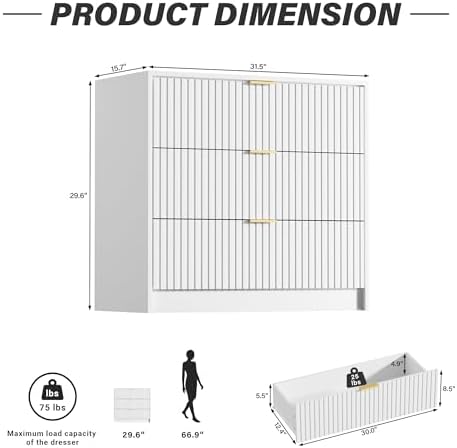 Furniway White Dresser for Bedroom, Modern Dresser with 3 Drawers and Smooth Slides, Wide Chest of Drawers with Golden Handles for Bedroom, Living Room, Closet, 15.7" D x 31.5" W x 29.6" H