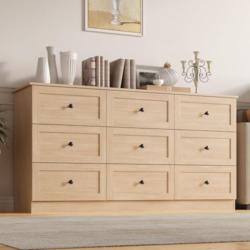 Furnify 9 Drawer Dresser, 59" Wide Dresser for Bedroom, Modern Large Chest of Drawers, TV Stand for 65 inch, Storage Organizer with Metal Handles for Bedroom, Living Room, Hallway, Natural