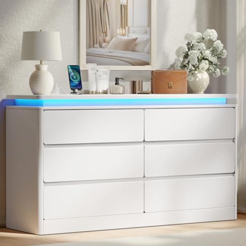 6 Drawer Dresser for Bedroom,47.24"Long White Chest of Drawers w/LED Lights