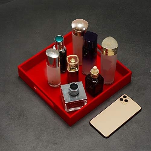 Sturdy Red Acrylic Serving Tray with Handles - 12x12 Inch - Coffee & Appetizer Platter - Kitchen Counter & Vanity Organizer