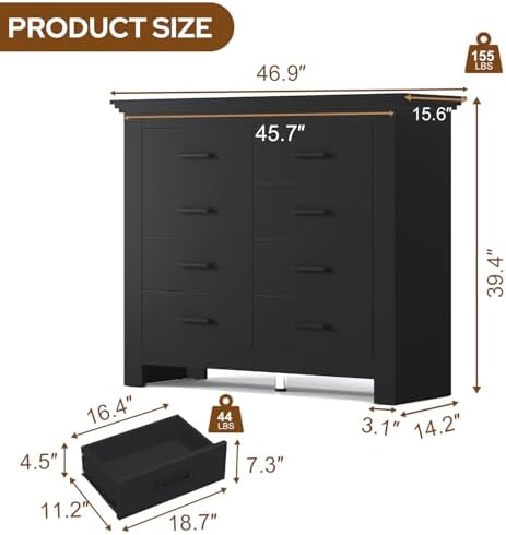 8 Drawer Dresser for Bedroom, Wood Dresser Chests of Drawers with Metal Handle, Double Wide Dressers, Vintage Design Storage Chest Cabinet and Organizer Drawers for Closet, Hallway, Entryway, Black