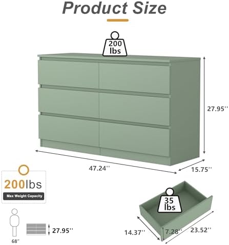Green Dresser for Bedroom, Modern Large 6 Drawer Dresser with Deep Drawer,Wide Storage Chest of Drawers,TV Stand for Living Room