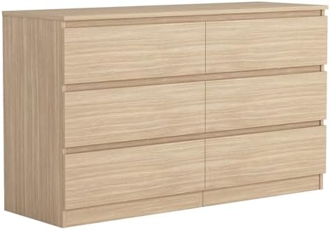 Vibe & Dine 6 Drawer Double Dresser, Modern Chest of Drawers with Wide Storage for Closet, Bedroom, Living Room, Natural Wood