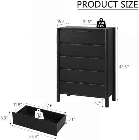 HOUROM Black Dresser for Bedroom,45" Tall 5 Drawer Mid Century Modern Chest