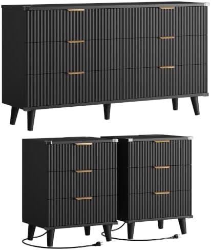 Modern Dresser and Nightstand Sets 3-Piece, 2 Nightstands 6-Drawer Dresser
