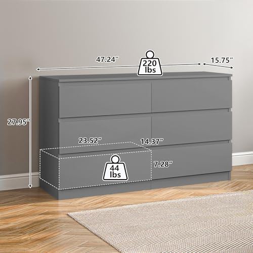 Vibe & Dine Grey Dressers for Bedroom, Double Dresser with 6 Drawers, Modern Chest of Drawers with Wide Storage for Closet, Bedroom, Living Room