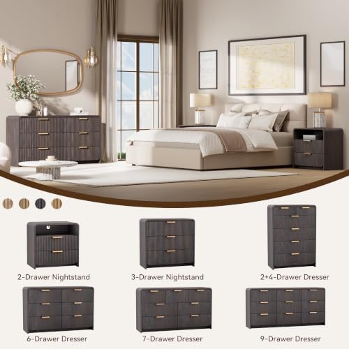 47" Fluted 6 Drawer Dresser for Bedroom, Living Room, Entryway Black Walnut