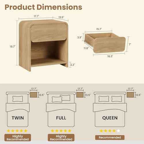 Modern Curved Nightstands Set of 2 with Open Shelf,Natural Oak