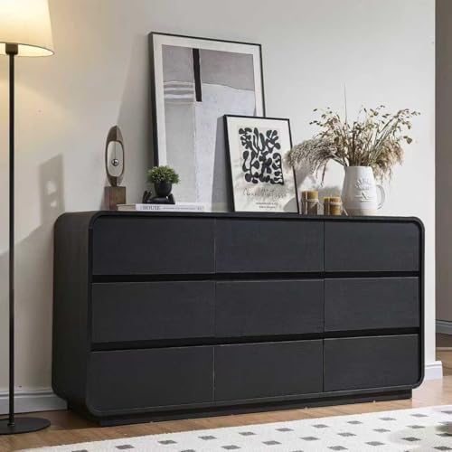 Standifurno Dresser for Bedroom, Modern Cuved Dresser with 9 Drawers,Black Dresser with Handleless Design, Closet Storage Dresser, 15.43" D x 57" W x 28.3" H (9 Drawers)