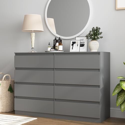 Grey Dresser for Bedroom,Modern Large 8 Drawer Dresser with Deep Drawer,Wide Storage Chest of Drawer,Wood Bedroom Storage Organizer Furniture,TV Stand for Living Room