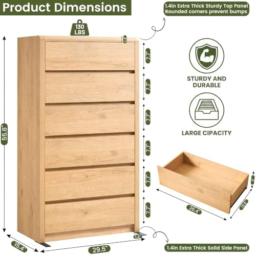 55.6” Tall Dresser with 6 Drawers, Natural Dresser & Chest of Drawers, Wooden Dresser for Bedroom, Living Room, Hallway, Wood Drawer Organizer, Front Curved & Handleless Design