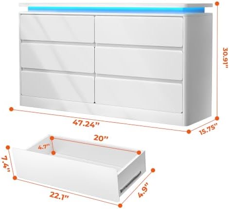 6 Drawer Dresser for Bedroom,47.24"Long White Chest of Drawers w/LED Lights