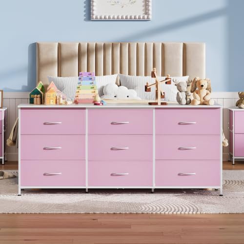 WLIVE Dresser TV Stand for 75 Inch TV, 9 Drawer Dresser for Bedroom, A-Pink