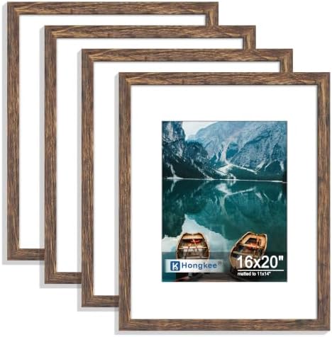 Hongkee 16x20 Frames Set of 4, 16 x 20 Rustic Brown Wood Style(Mat 11x14)