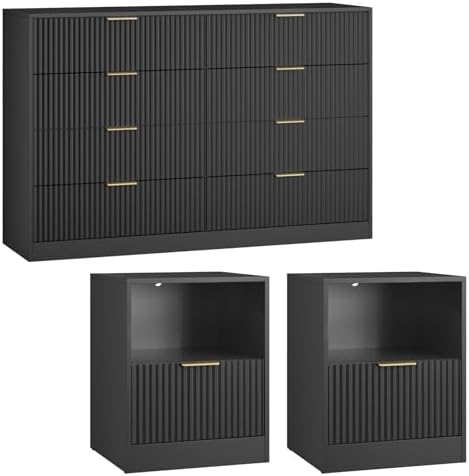8 Drawer Dresser & 1-Drawer Nightstand Set 3-Piece, Black丨55 Wide Bedroom Dresser Set Night Stand Set of 2, Fluted Modern Wood Chest of Drawers Storage Dressers Set for Bedroom