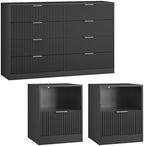 8 Drawer Dresser & 1-Drawer Nightstand Set 3-Piece, Black丨55 Wide Bedroom Dresser Set Night Stand Set of 2, Fluted Modern Wood Chest of Drawers Storage Dressers Set for Bedroom