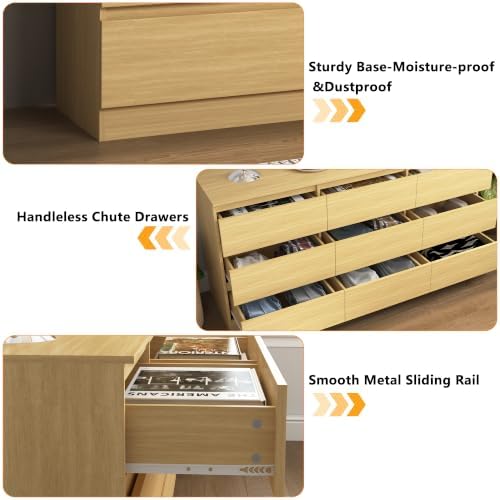 Vibe & Dine 9 Drawer Dresser, Modern Long Dresser for Bedroom, Wood Chest of Drawers with Wide Storage for Living Room, Natural Wood