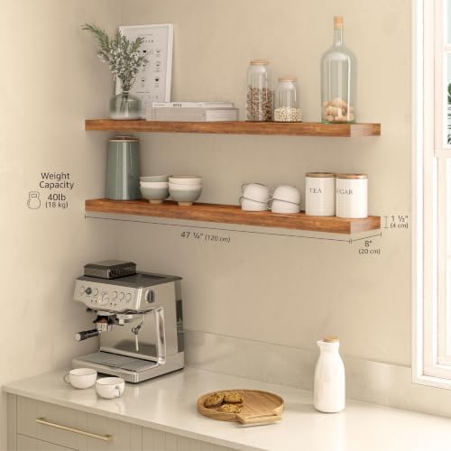Ballucci Floating Shelves for Wall, 48" Wood Wall Shelf Set of 2, with Invisible Brackets for Bathroom, Living Room, Bedroom, Kitchen, Nursery, 8" Deep, Rustic Brown