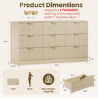 MALOL Fluted 9 Drawer Dresser for Bedroom, 59" Wide Wood Chest of Drawers with Metal Handle, Long Dresser Storage Organizer TV Stand for Closet, Living Room, Hallway, Natural Wood